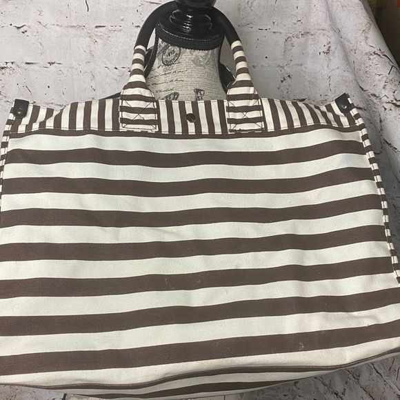 Henri Bendel Striped Canvas Tote Bag Brown White Signature Large - Picture 4 of 15